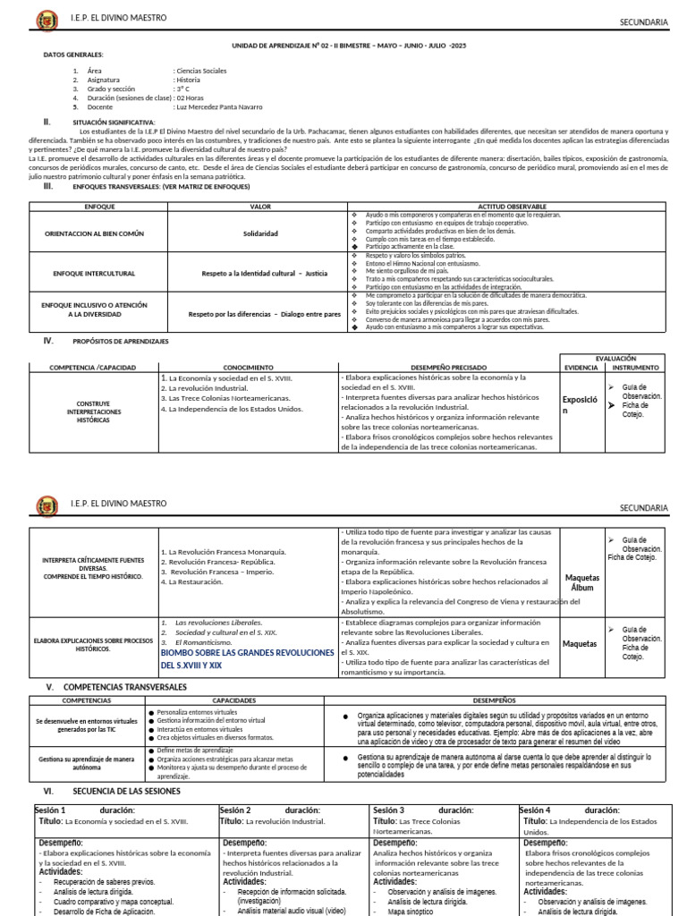 Unidad de Aprendizaje 2025 - His 3ro | PDF | Aprendizaje | Sociedad