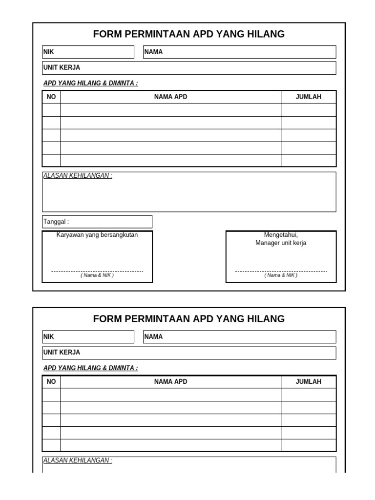 Formulir Permintaan APD Hilang | PDF