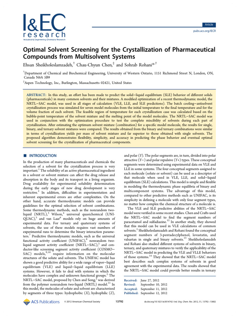 Rohani Et Al 2012 Optimal Solvent Screening For The Crystallization of ...
