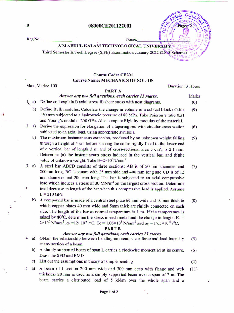 Mechanics of Solids Exam Paper 2022 | PDF | Stress (Mechanics) | Bending