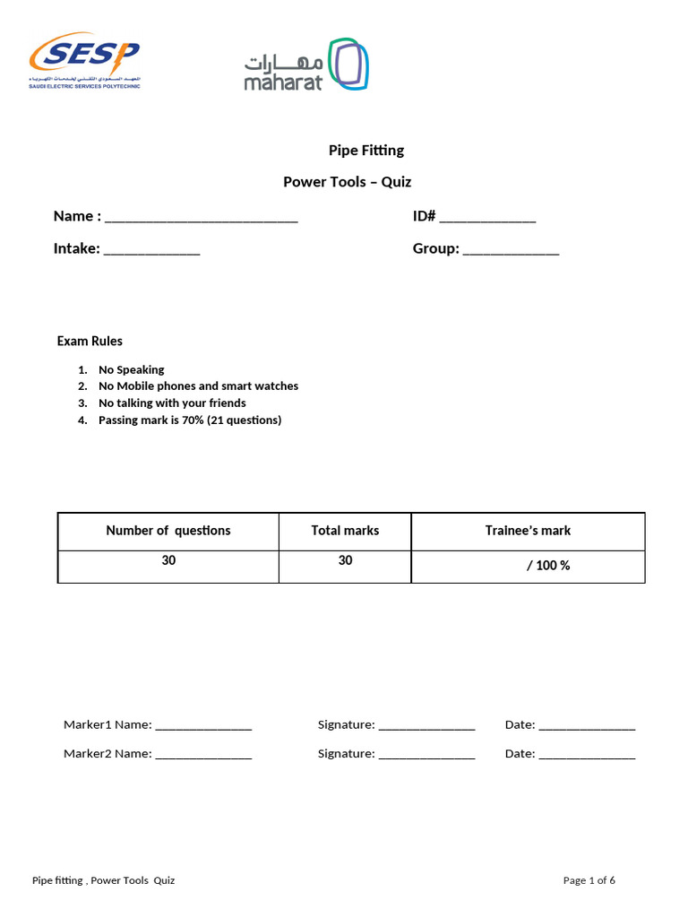 Pipe Fitting Power Tools Quiz | PDF | Drill | Grinding (Abrasive Cutting)
