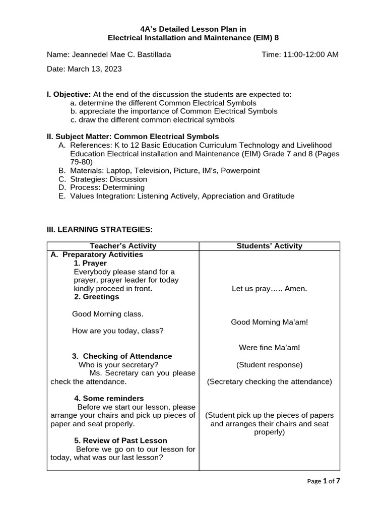 Lesson Plan Grade 7 & 8 Common Electrical Symbols | PDF ...