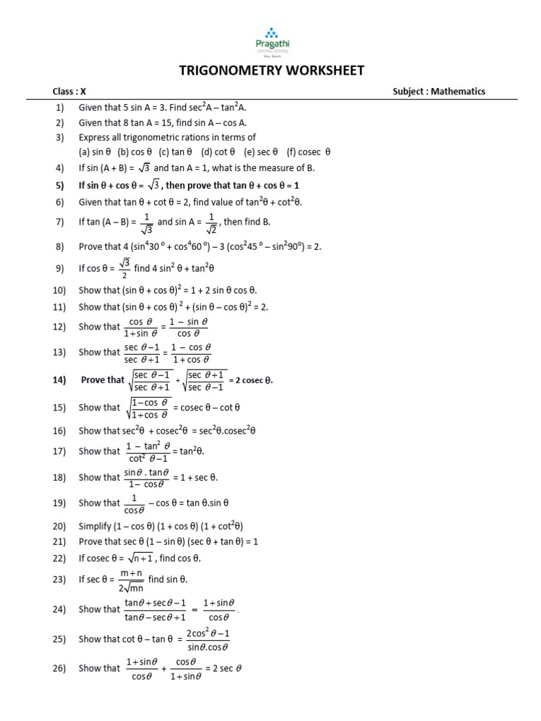 Trigonometry Worksheet for Class X | PDF | Trigonometry | Geometric ...