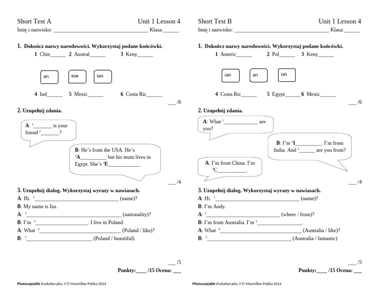 Short Tests Unit 1 Lesson 4 | PDF