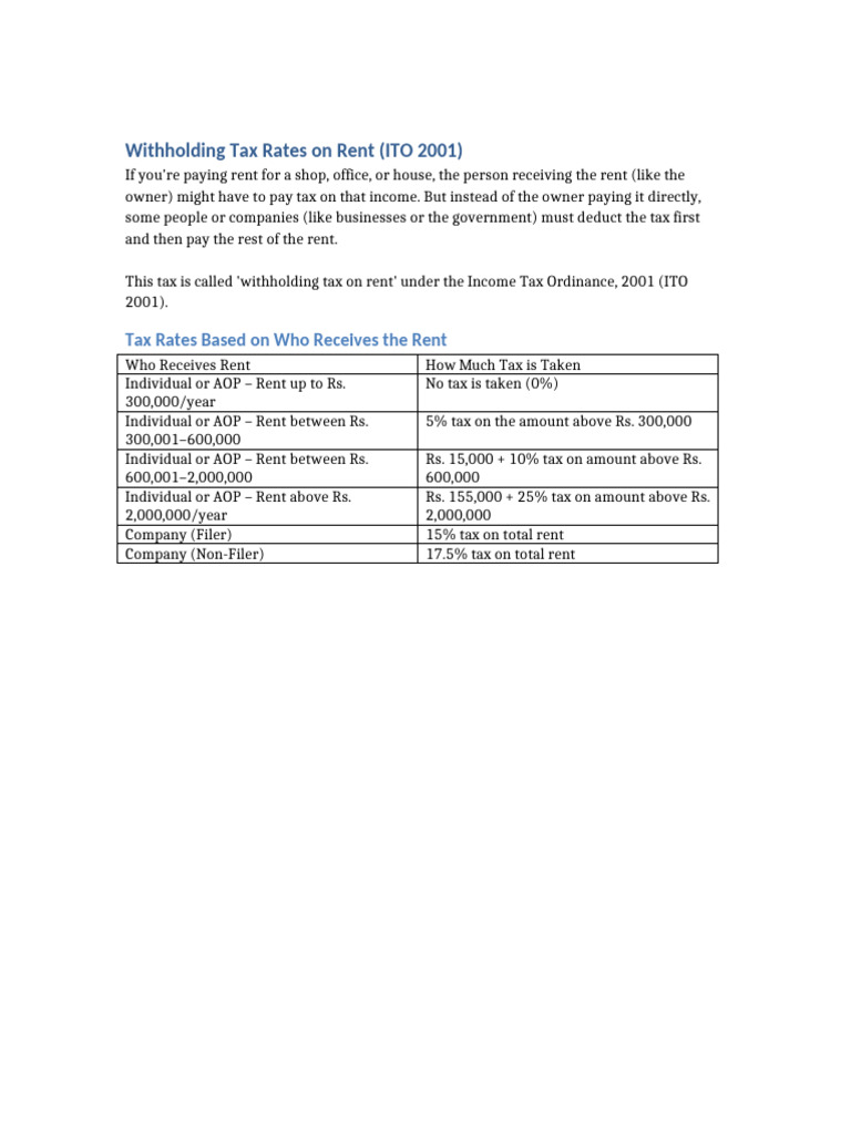 Withholding Tax Rates On Rent ITO 2001 | PDF