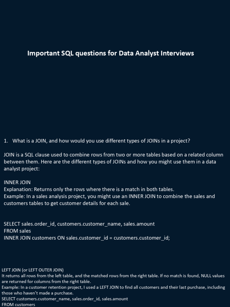 SQL Interview Questions for Data Analysts | PDF | Relational Database ...