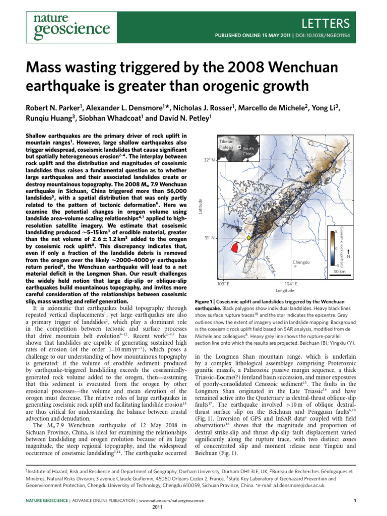 Parker Et Al. 2011 Mass Wasting Triggered by The 2008 Wenchuan