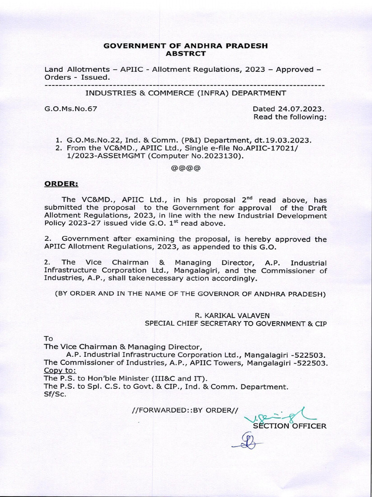 APIIC Allotment Regulations 2023 Go Ms No 67 | PDF | Taxes | Cost