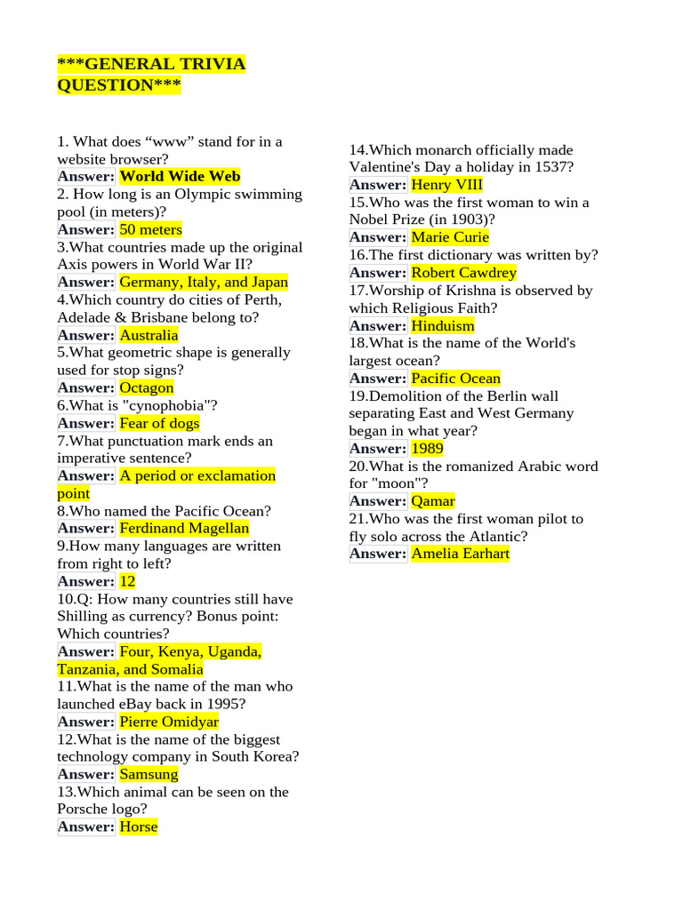 Trivia Questions Across Various Topics | PDF | Planets