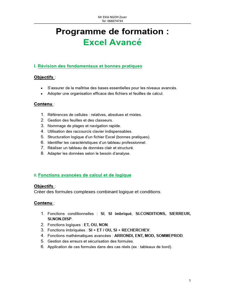 Formation Excel Avancé : Techniques et Outils | PDF | Microsoft Excel ...