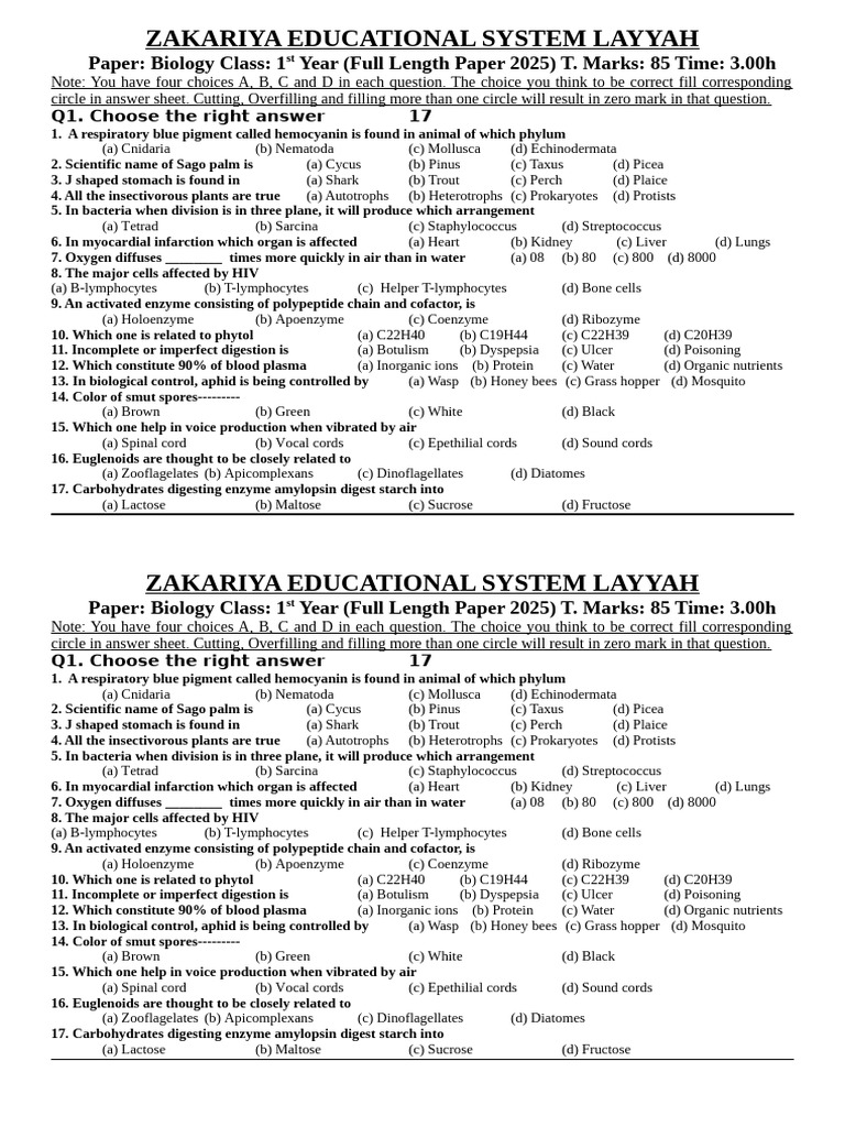 1st Year Biology Exam Paper 2025 PDF Enzyme Digestion