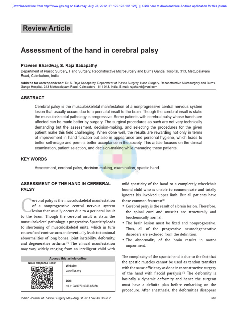 Hand Assessment in Cerebral Palsy | PDF | Anatomical Terms Of Motion ...