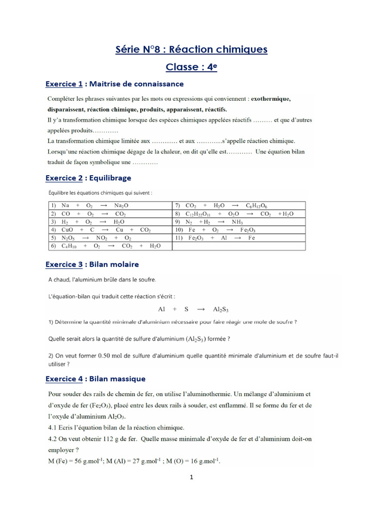 Exercices sur les réactions chimiques 4e | PDF