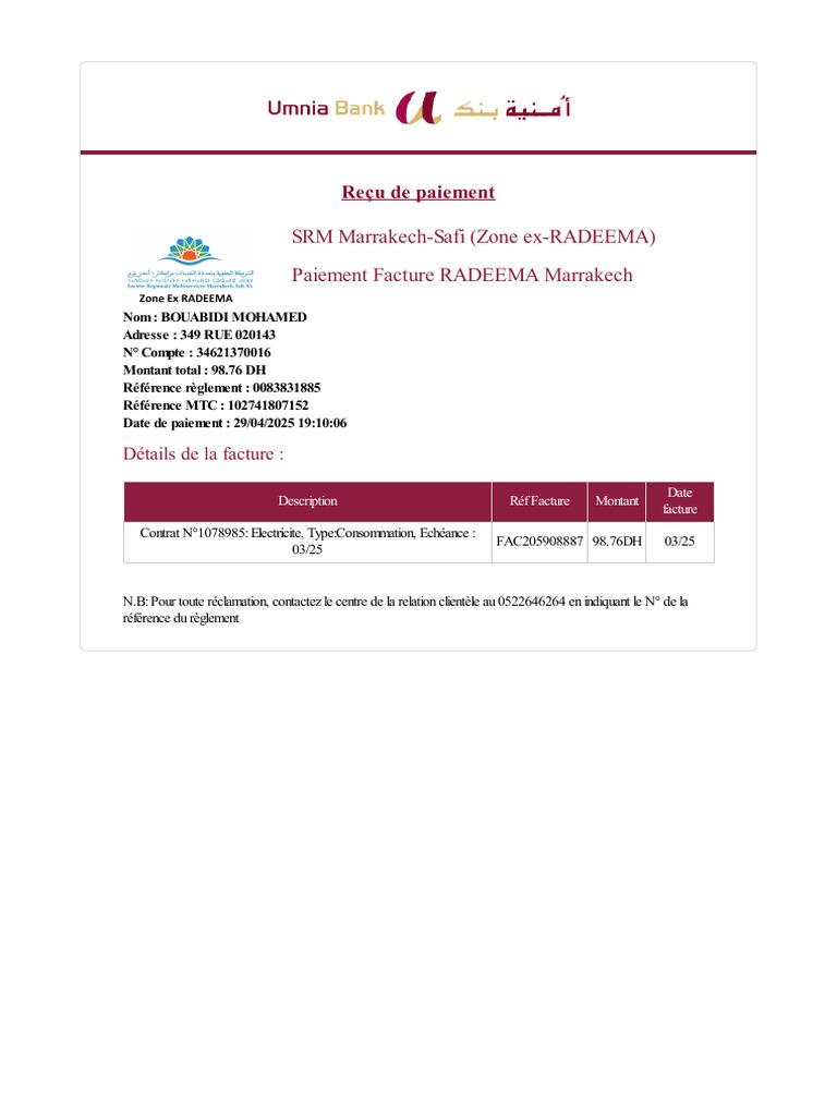 Facture SRM Marrakech-Safi 98.76 DH | PDF