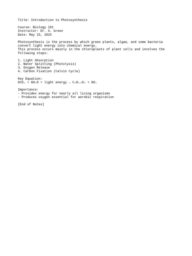 Class Notes Photosynthesis | PDF