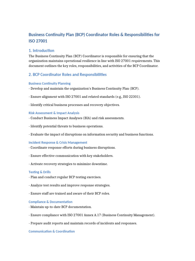 BCP Coordinator Roles for ISO 27001 | PDF