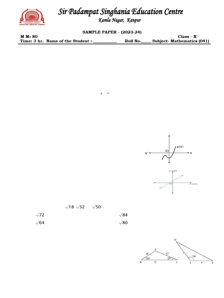 Class X Mathematics Sample Paper 2023-24 | PDF | Triangle | Circle