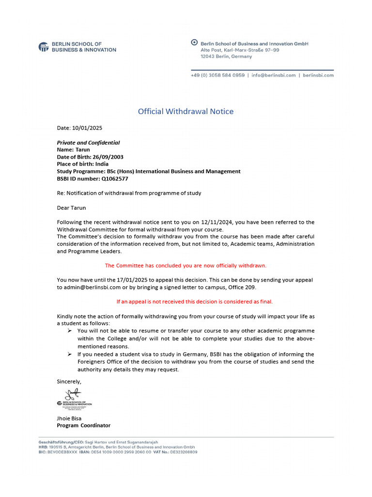 Withdrawal Letter | PDF
