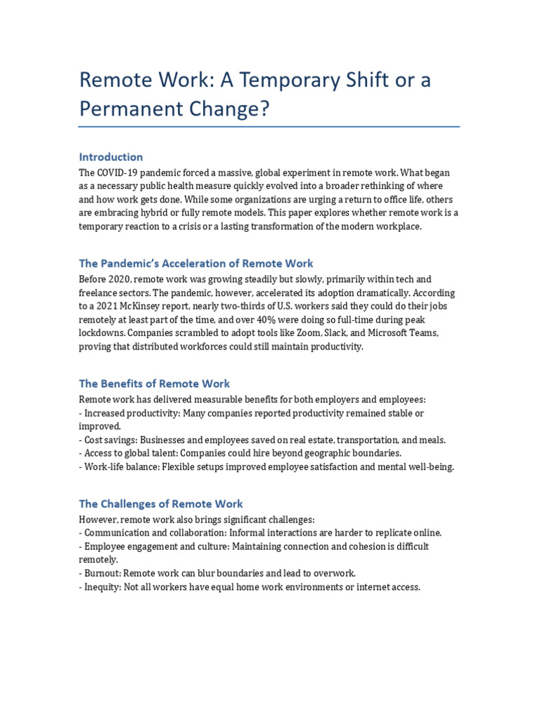 Remote Work Temporary or Permanent | PDF | Employment | Business