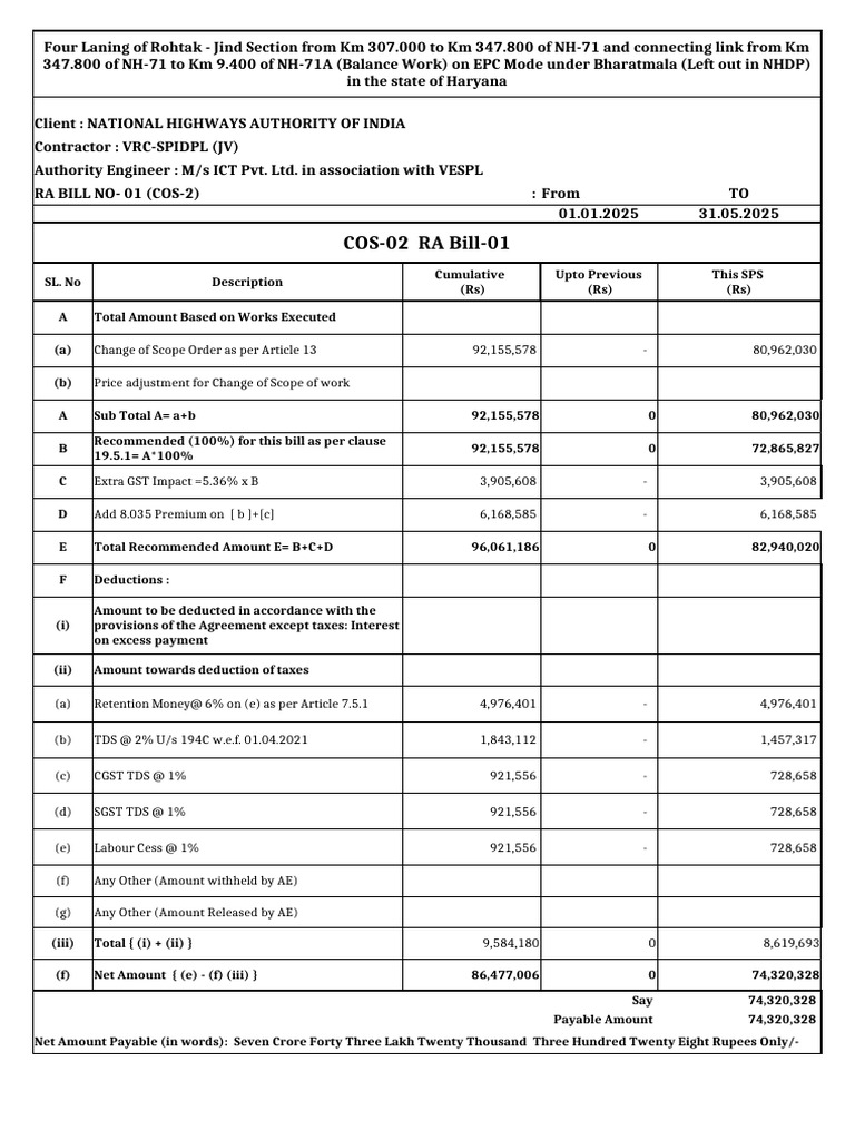 RA Bill 01 for NH-71 Four Laning Project | PDF | Concrete | Road Surface