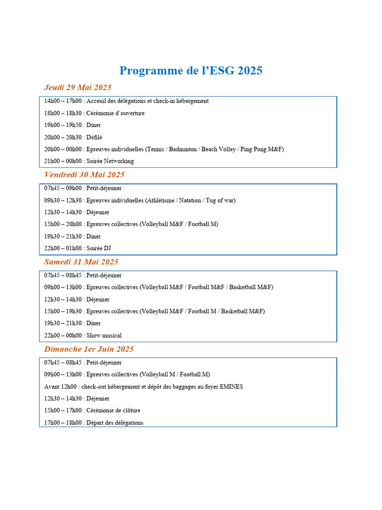 Programme ESG 2025 : Événements et Compétitions | PDF