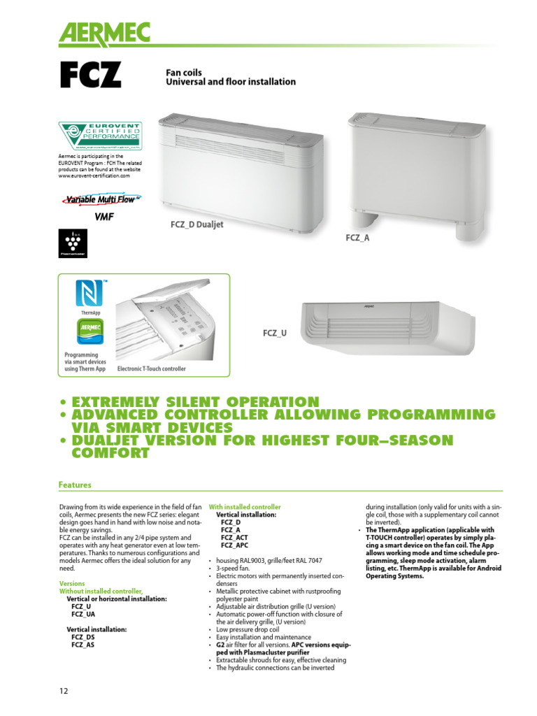 Aermec FCZ Series Fan Coils Overview | PDF | Thermostat | Water Heating