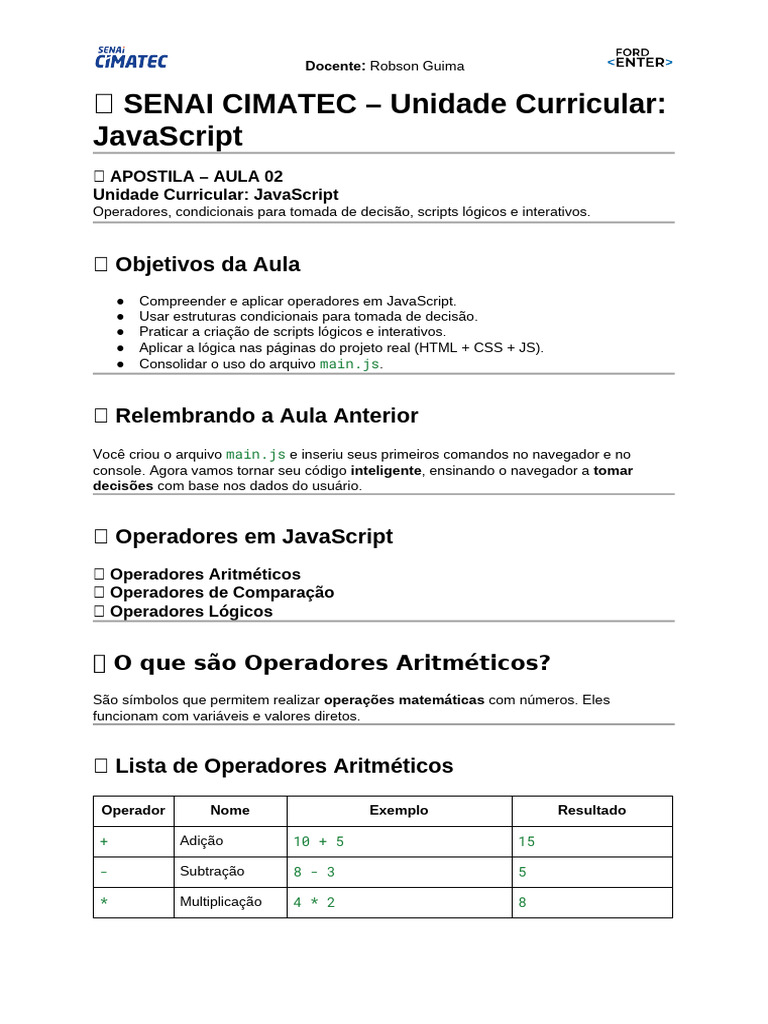 Operadores e Condicionais em JavaScript | PDF | Script Java | Aritmética