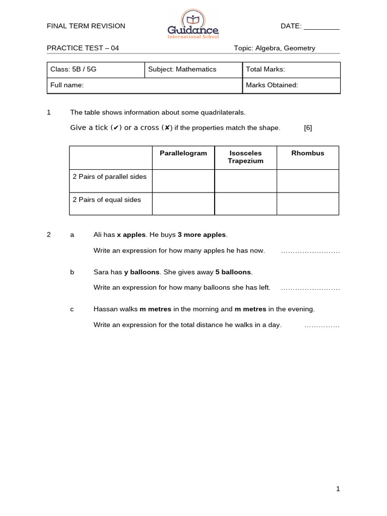 WS - 5MTH - Practice Test 04 - Algebra & Geometry | PDF | Geometric ...
