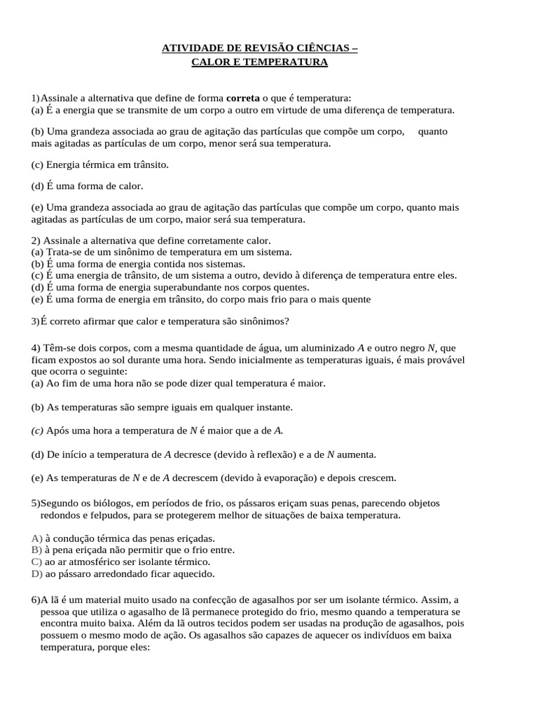Atividade de Revisão: Calor e Temperatura | PDF | Calor | Temperatura