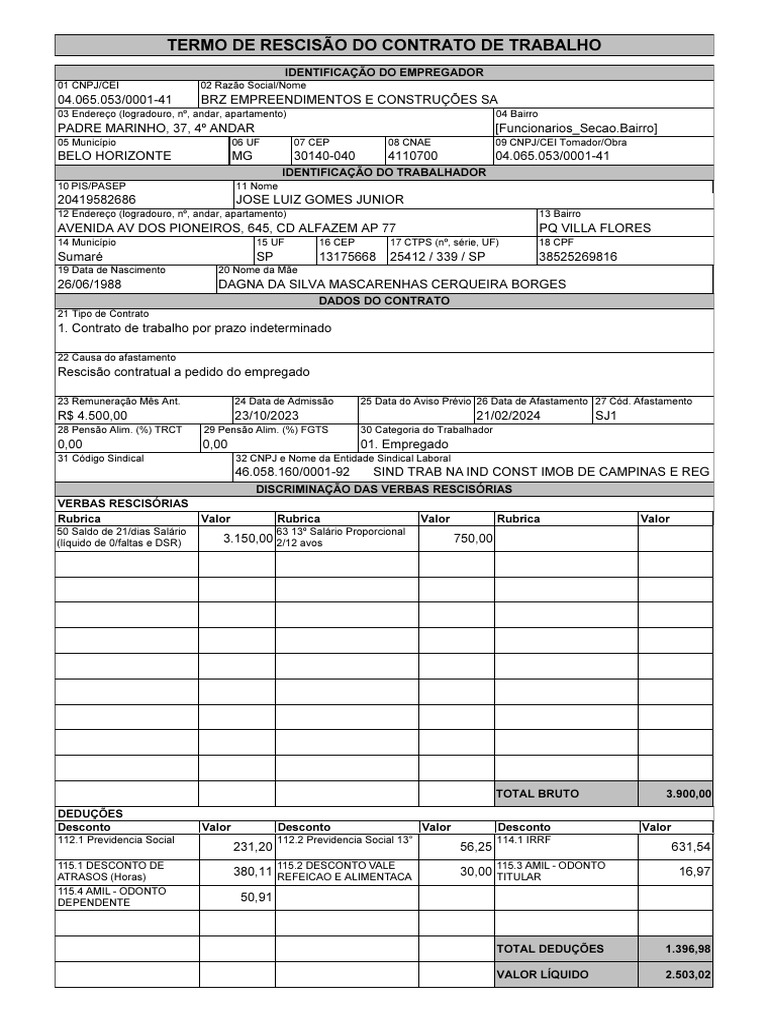 Termo de Rescisão de Contrato de Trabalho | PDF | Direito Privado ...