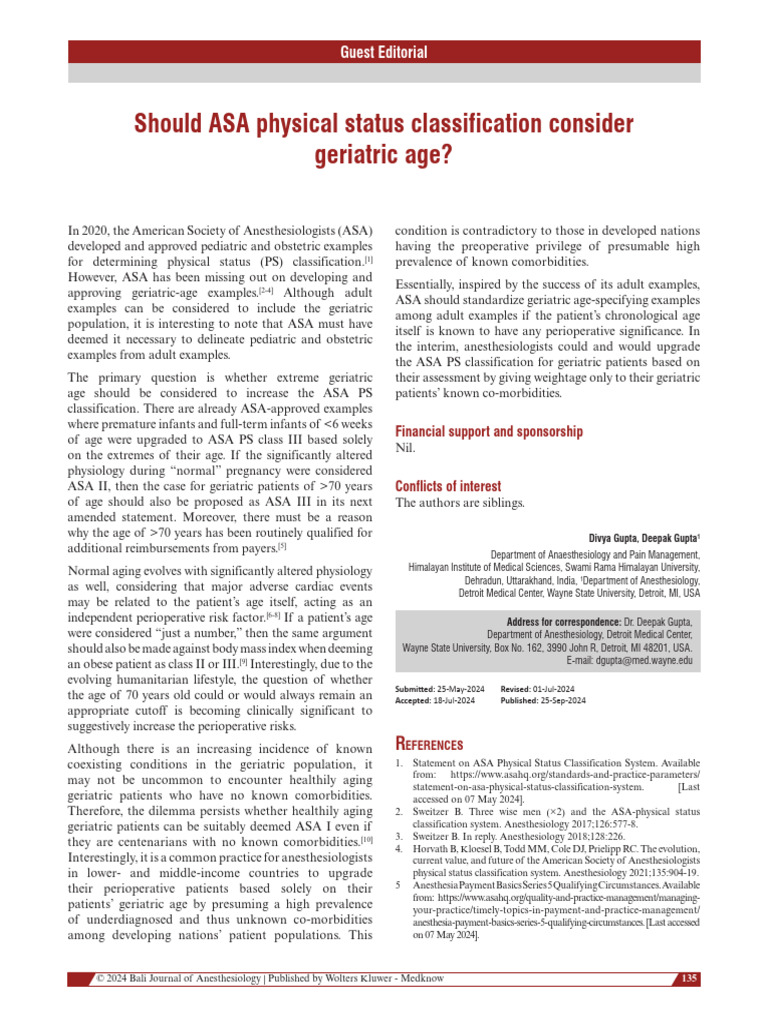 ASA Classification and Geriatric Age Consideration | PDF | Comorbidity ...