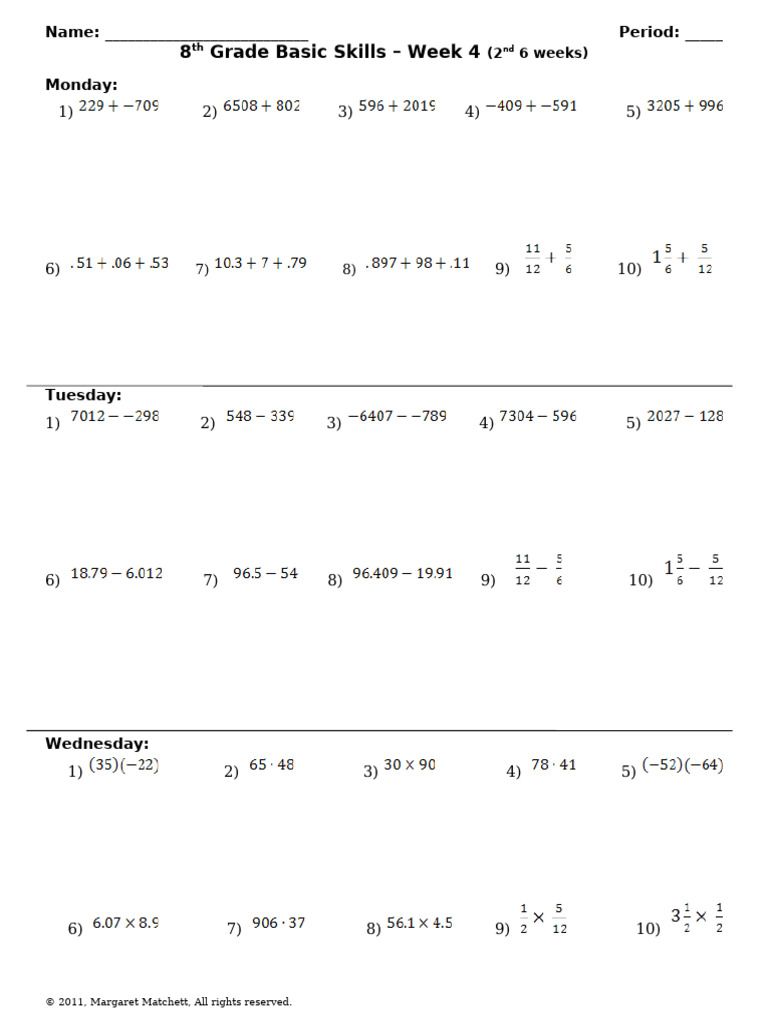 8th Grade Skills Week 4 Worksheet | PDF