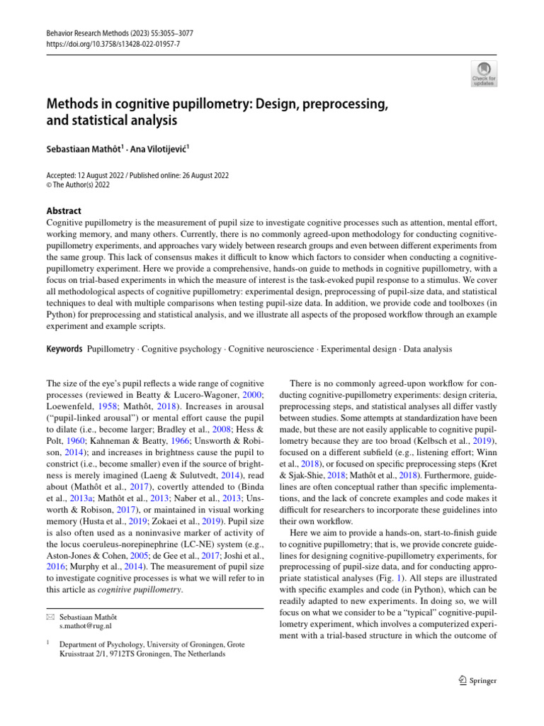 Mathôt Vilotijević 2023 Methods in Cognitive Pupillometry | PDF ...