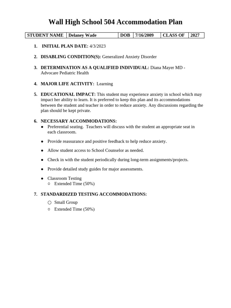 Wall High School 504 Accommodation Plan | PDF