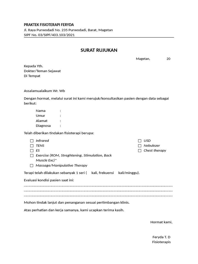Surat Rujukan Fisioterapi Feryda | PDF