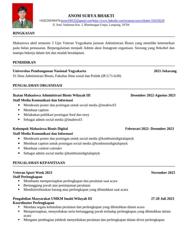 CV ATS Mahasiswa Administrasi Bisnis | PDF