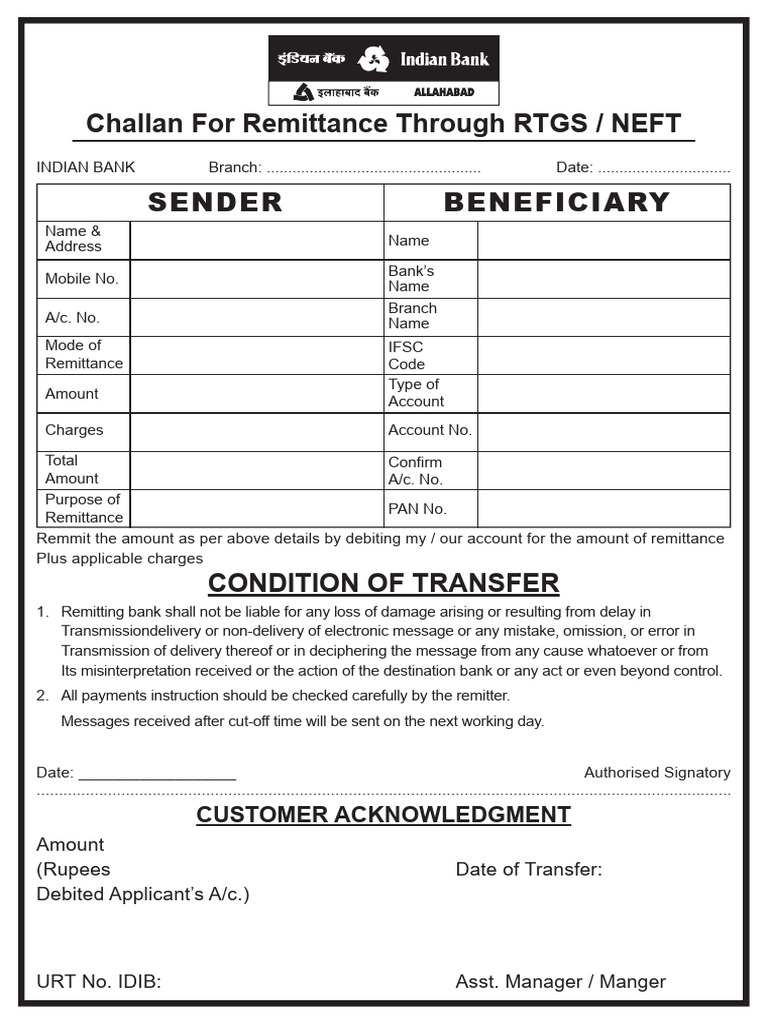 RTGS/NEFT Remittance Challan Form | PDF | Banking | Financial Services