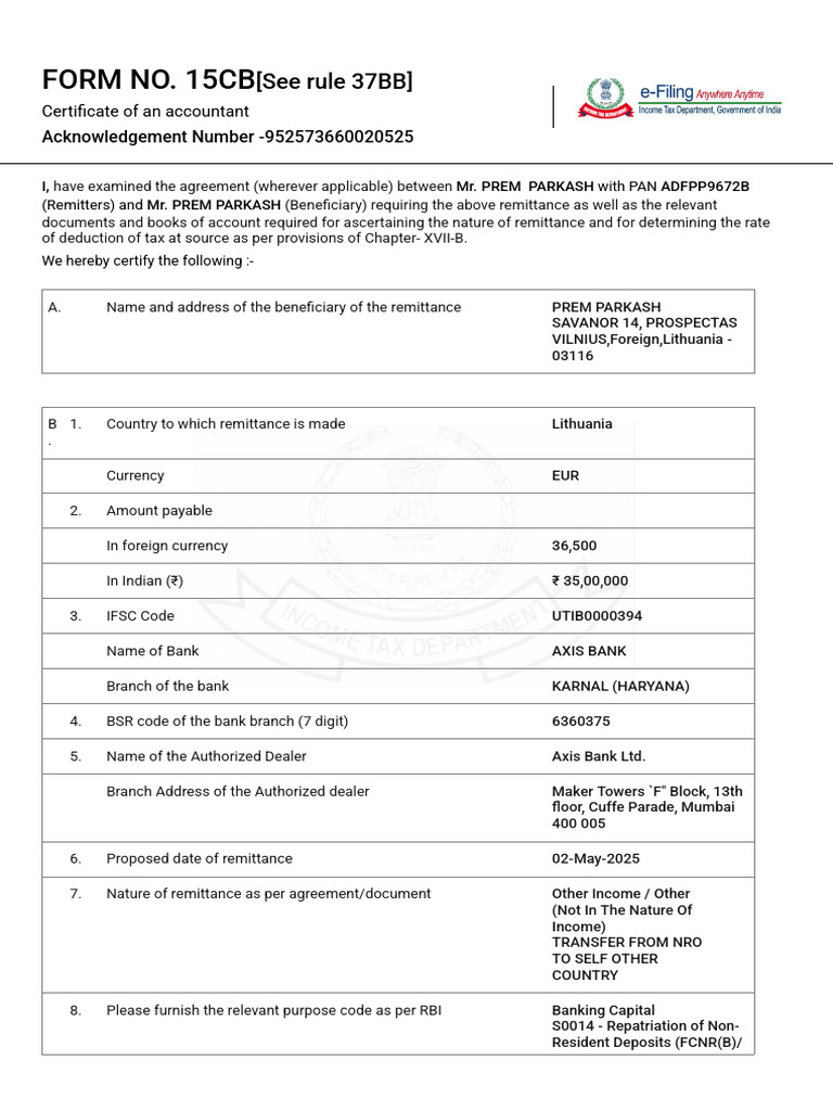 Certificate of Remittance for NRO Transfer | PDF | Taxes | Income