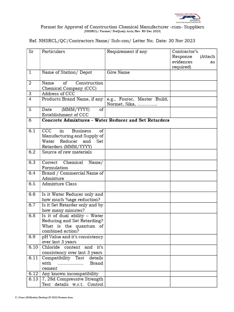 Construction Chemical Approval Format | PDF | Concrete | Building ...