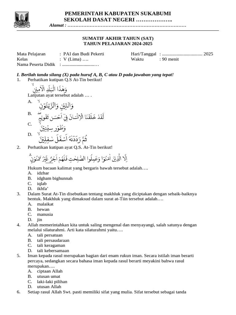 Soal Sat Pai Kelas 4 Semester 2 Cikakak 2025 | PDF