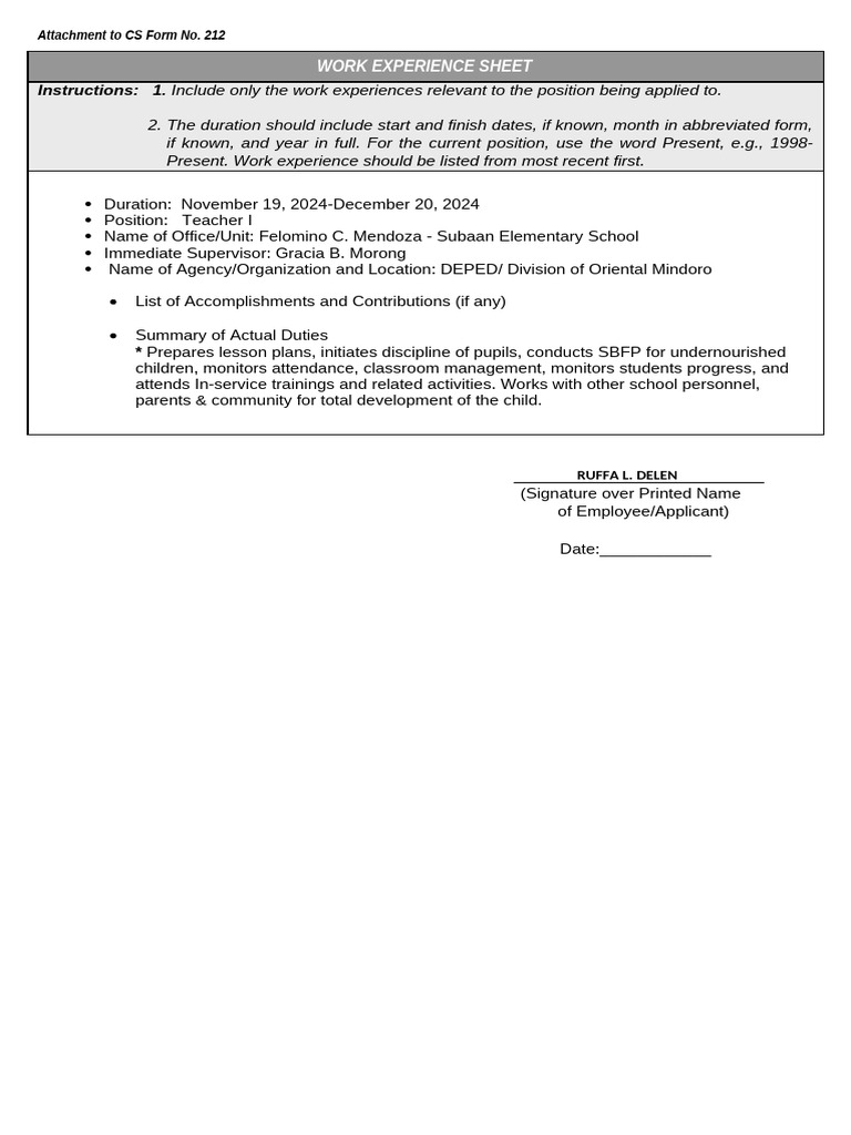Teacher I Work Experience Sheet | PDF