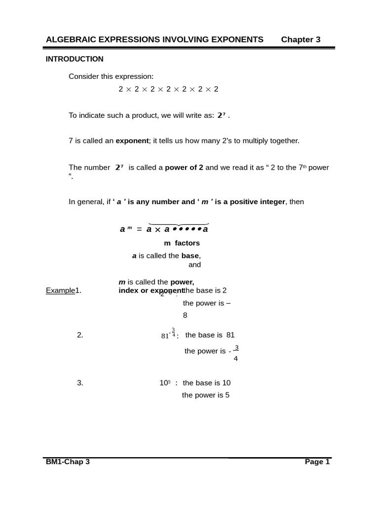 Chapter 3 Algebraic Expressions Involving Exponents | PDF ...