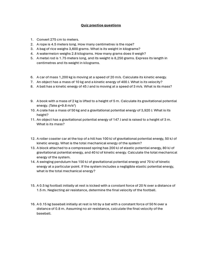Physics Quiz: Energy and Measurement Questions | PDF