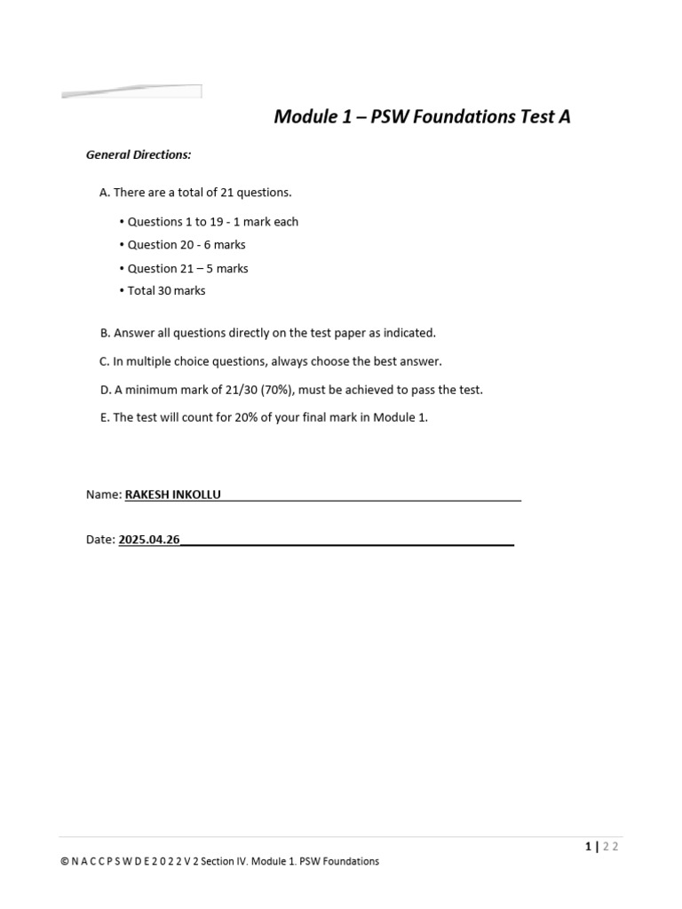 PSW Module 1 Foundations Test A | PDF | Senses | Nursing