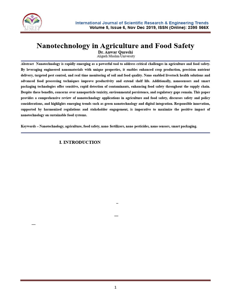 Nanotechnology in Agriculture & Food Safety | PDF | Agriculture ...