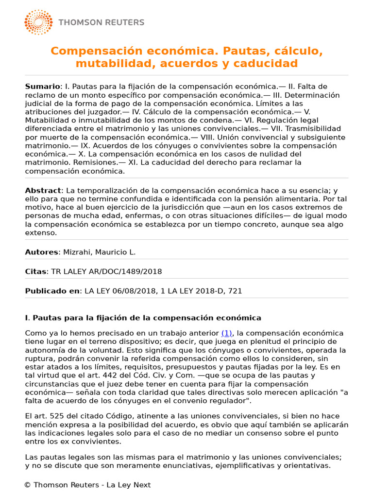 Compensación Económica. Pautas, Cálculo, Mutabilidad, Acuerdos y ...