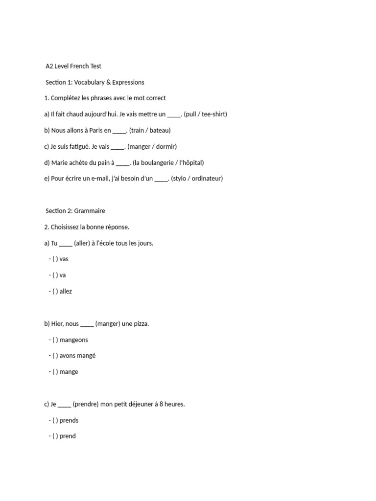 Test de Français A2 avec Correction | PDF