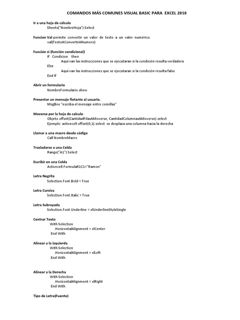 Comandos Mas Comunes Visual Basic para Excel 2010v2 | PDF | Microsoft ...