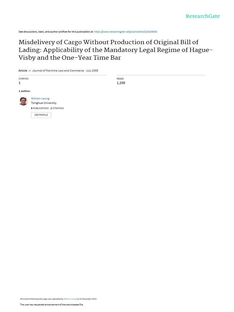 Misdelivery of Cargo Under Hague-Visby | PDF | Bill Of Lading | Cargo