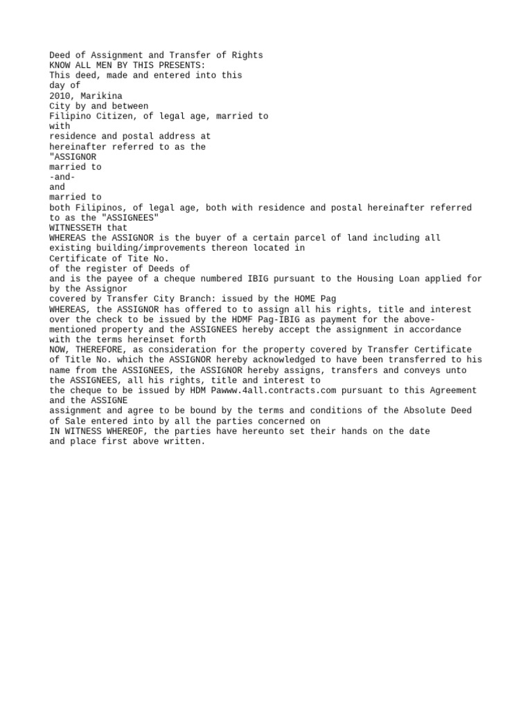 Deed of Assignment of Rights for Property | PDF